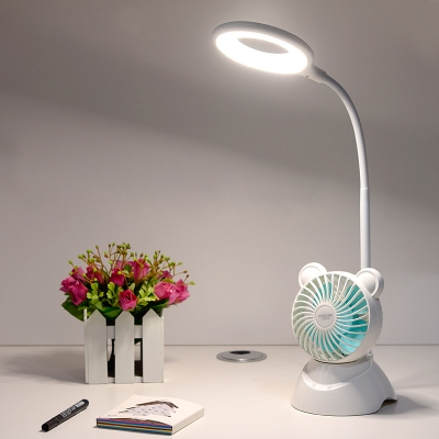 Halo Ring Study Room Reading Book Light Plastic LED Modern Table Lamp in White with Small Fan