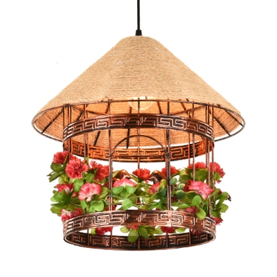 Hemp Rope House Pendant Lamp Farm 1 Bulb Restaurant Hanging Ceiling Light in Rust/Black with Flower/Vine Decoration