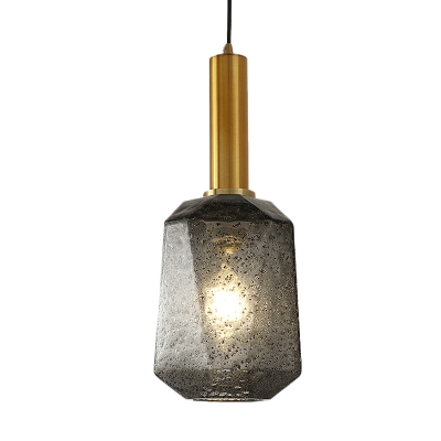 Industrial Faceted Hanging Lighting Smoke Gray Glass 1 Light Bedside Suspension Pendant in Brass