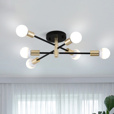 Iron Sputnik Linear Semi Flush Lighting Modernist 4/6-Bulb Black and Gold Close to Ceiling Lamp