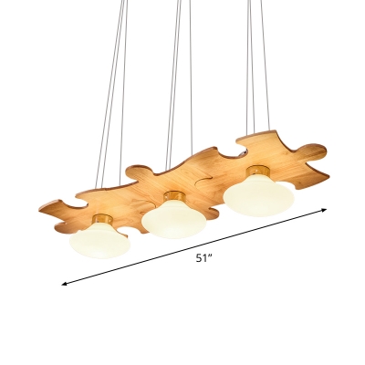 Jigsaw Puzzle Wood Multi Ceiling Light Modernist 3 Heads Beige Hanging Lamp Kit with Jellyfish Cream Glass Shade