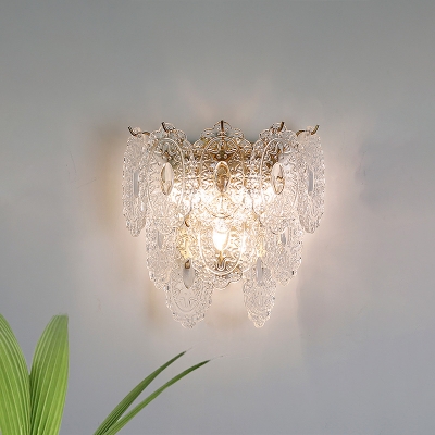 Layered Oval Clear Carved Glass Wall Lamp Mid Century 3 Bulbs Gold Sconce Light Fixture for Living Room