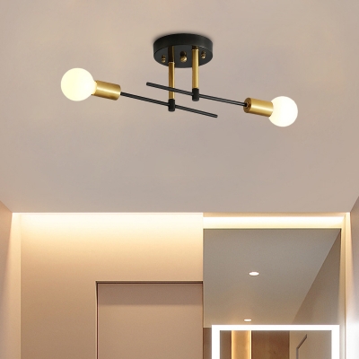 Linear Bedroom Semi Flushmount Iron 2 Bulbs Simple Flush Mount Ceiling Light Fixture in Black