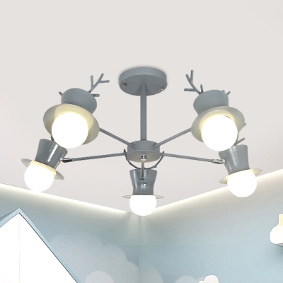 Macaron Antler and Hat Chandelier Metallic 5/8 Bulbs Living Room Radial Pendulum Light in Black/Grey