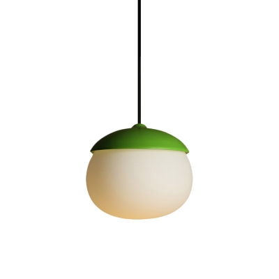 Macaron Oval Cream Glass Drop Pendant 1-Light Suspension Lighting with Green Cap for Dining Room