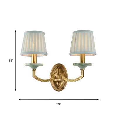 Metal Brass Wall Light Fixture Curved Arm 1/2 Head Vintage Wall Sconce with Fabric Shade