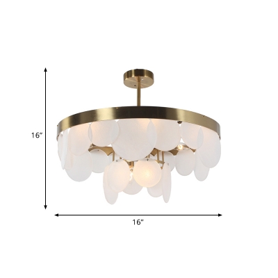 Mid Century 2-Tier Circle Semi Flush Frosted Glass 6 Lights Living Room Ceiling Mount Light in Brass