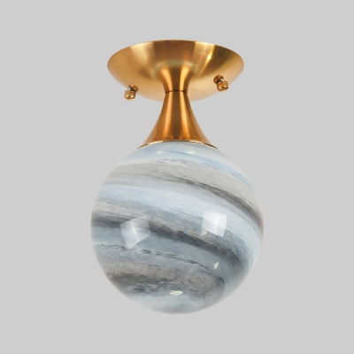 Mini Ball Gradient Blue Glass Semi Flush Postmodern 1 Light Brass Ceiling Mounted Lamp