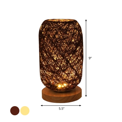 Mini Capsule Bedside Nightstand Lamp Rattan Weaving 1 Light Minimalist Table Light in Beige/Coffee