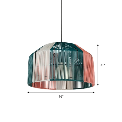 Modern Style Drum Rattan Hanging Lamp 1 Bulb Ceiling Pendant in Pink and Green for Dining Room