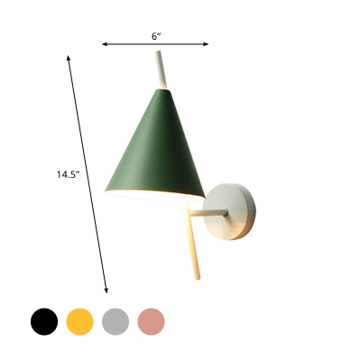 Nordic Deep Cone Iron Wall Lamp 1 Bulb Wall Sconce Light in Grey/Pink/Green with Piercing Rod Arm