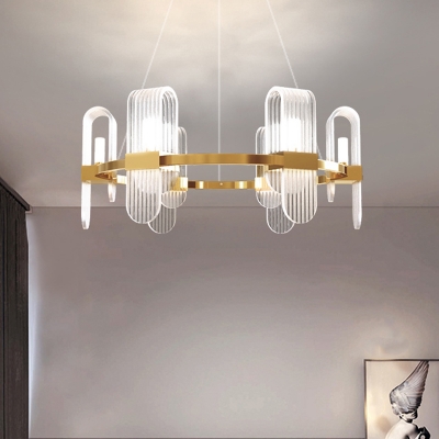 Postmodern Wheel Metal Pendant Chandelier 6 Heads LED Hanging Light Kit in Gold with Arched Acrylic Shade