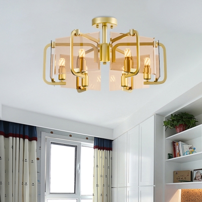 Rectangle Panel Tan Glass Semi Flush Modernist 6 Bulbs Gold Flush Mount Ceiling Light with Drum Design