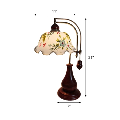 Red Brown Floral Night Table Light Antiqued White Glass 1-Light Bedroom Night Lamp