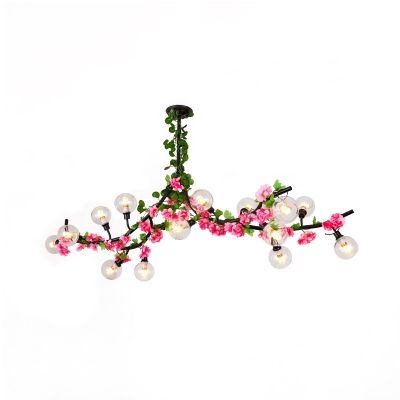 Red/Pink Flower Wrapped Semi Flush Light Rural Iron 15 Bulbs Dining Room Ceiling Mount Chandelier with Dome Glass Shade