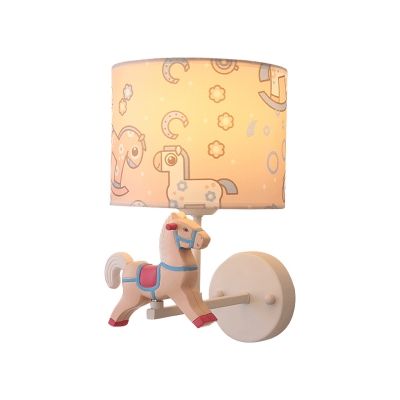 Resin Trojan Horse Shape Wall Light Fixture Cartoon 1 Light LED Sconce in Pink/Blue with Drum Fabric Shade