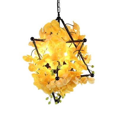Rural Blooming Hanging Light Fixture 4 Heads Metal Chandelier in Yellow/Red with Pentagram Frame