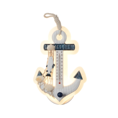 Ship Anchor Flush Wall Sconce Nautical Wood Children Bedroom LED Wall Light with Thermometer Detail in Blue