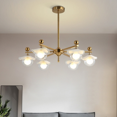 Starburst Hanging Chandelier Modern Clear Glass 6 Lights Gold Ceiling Pendant with Ball Shade and Floppy Hat