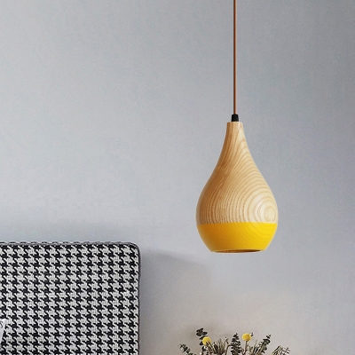 Teardrop Wood Drop Pendant Light Minimalism 1 Bulb Red/Yellow LED Hanging Ceiling Lamp for Bedroom