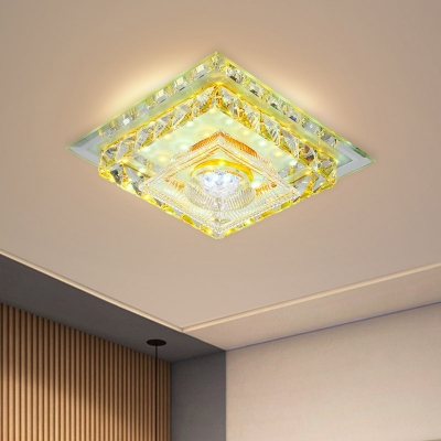 Translucent Crystal Square Flush Light Minimalism LED Foyer Flushmount with Ribbed Glass Shade in Warm/White Light