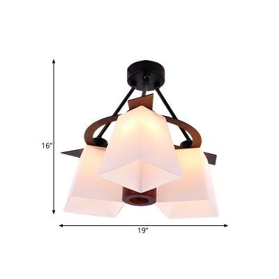 Trapezoid Bedroom Semi Mount Lighting Traditional White Glass 3/5 Heads Black Ceiling Light with Cylinder Wood Shade