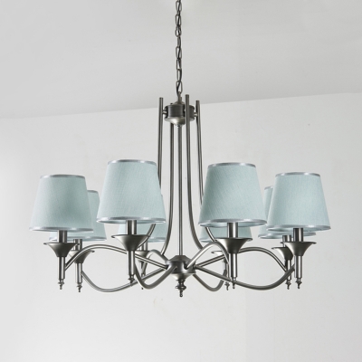 Vintage Barrel Shade Chandelier Lighting 8-Head Fabric Ceiling Suspension Lamp in Silver/Blue/White and Silver