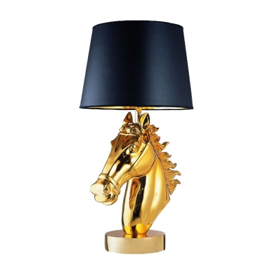 Vintage Horse Head Table Lighting Single-Bulb Resin Night Lamp in Polished Black/Gold with Lampshade