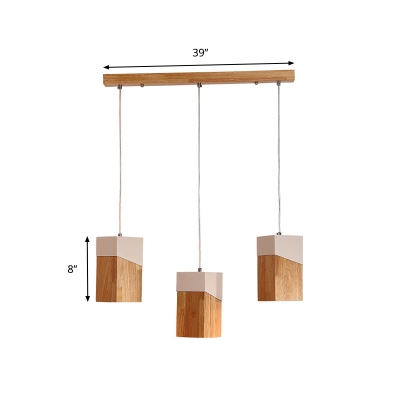 Wood Cluster Rectangle Pendant Nordic 3 Bulbs Beige-White Suspended Lighting Fixture over Table