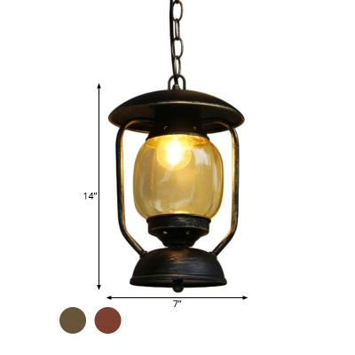 Yellow Glass Kerosene Pendulum Light Vintage 1 Light Corridor Metal Suspension Pendant in Brass/Bronze
