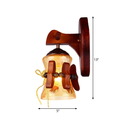 Yellow Water Glass Bell Wall Sconce Lighting Classic 1 Light Bedroom Wall Light Fixture in Brown with Wooden Backplate