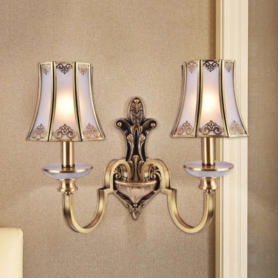 1/2-Bulb Wall Mount Lamp Traditional Flare Frosted Glass Sconce Light Fixture in Brass