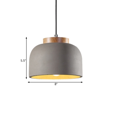 1 Bulb Bowl Pendant Lighting Vintage Grey Cement Hanging Ceiling Lamp with Wood Top