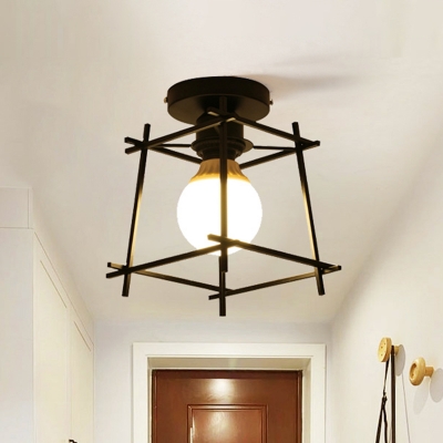 1 Bulb Corridor Mini Flush Mount Simple Black Ceiling Lighting with Trapezoid Metal/Wood Frame