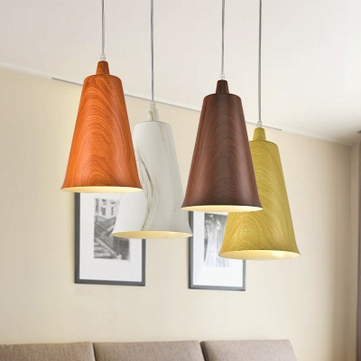 

1 Bulb Horn Shape Ceiling Pendant Nordic White/Yellow/Orange Aluminum Hanging Light Fixture with Wood Grain Design, Brown;orange;white;yellow, HL620813