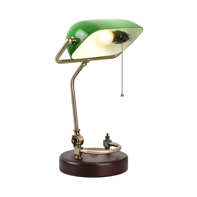 1 Bulb Table Lighting Green/White Tempered Glass Retro Bedroom Night Lamp with Half Oblong Shade and Pull Chain