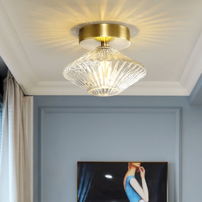 1 Head Bedroom Semi Flush Lighting Modernist Gold Flushmount with Diamond Clear Prismatic Glass Shade