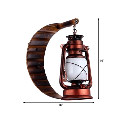 1 Head Sconce Light Factory Kerosene Cream Glass Wall Lighting in Copper with Moon-Shaped Bamboo Backplate