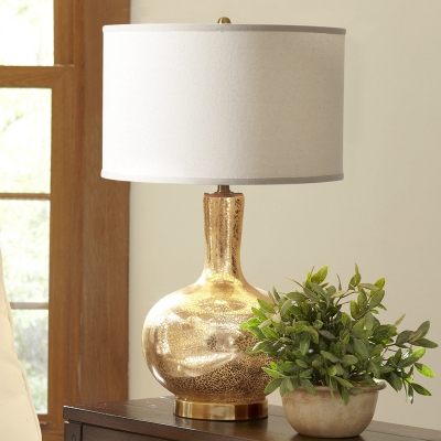 1-Light Bellied Vase Table Lamp Rustic Gold Crackle Glass Night Light with Round Lampshade