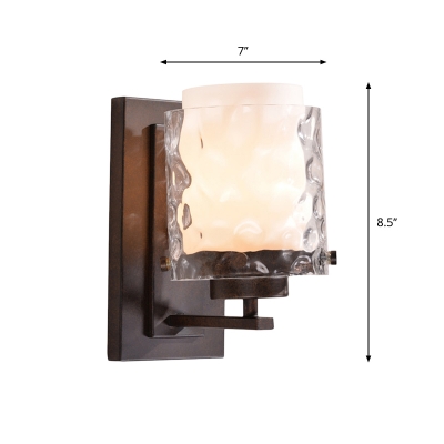 1-Light Wall Lamp Clear Hammered and Frosted Glass Retro Bedside Sconce Light with Dual Pillar Shade