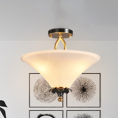 3-Light Opal Matte Glass Semi Flush Retro Brass Wide Flare Corridor Ceiling Flushmount Lamp