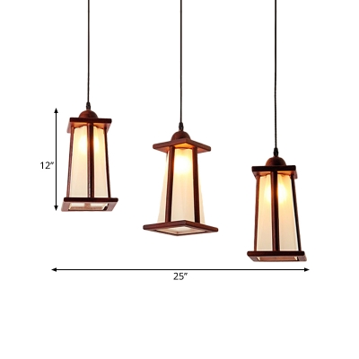 3 Lights Cream Glass Cluster Pendant Light Vintage Wood Trapezoid Dining Room Hanging Lighting with Linear/Round Canopy