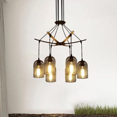 6/12-Light Bell Mesh Hanging Chandelier Industrial Black Finish Iron Pendant Lamp Fixture