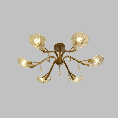 6/8-Bulb Semi Flush Ceiling Light Traditional Living Room Flushmount Lamp with Shell Clear Crystal Glass Shade in Gold