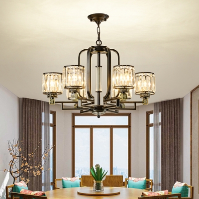 6/8 Heads Hanging Chandelier Modernism Living Room Suspension Light with Cylinder Crystal Block Shade in Black
