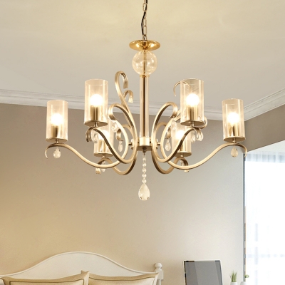 6/8 Heads Pendulum Light Traditional Living Room Chandelier with Cylinder Clear Glass Shade in Gold