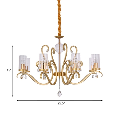 6/8 Heads Pendulum Light Traditional Living Room Chandelier with Cylinder Clear Glass Shade in Gold