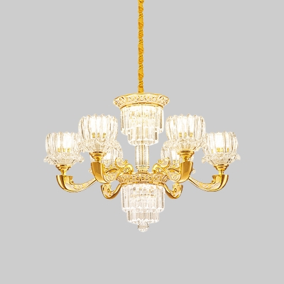 6/8 Lights Crystal Block Pendant Modernist Gold Lotus Dining Room Chandelier Lamp Fixture