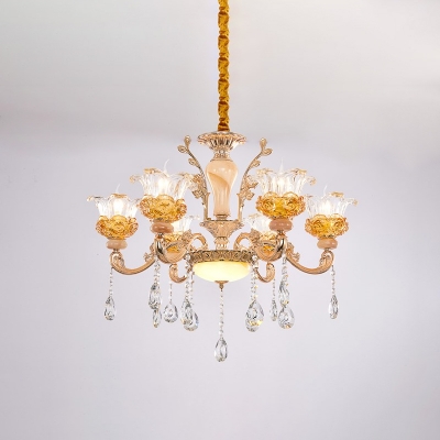 6-Head Chandelier Pendant Light Traditional Living Room Hanging Lamp with Floral Clear Glass Crystal Shade in Rose Gold