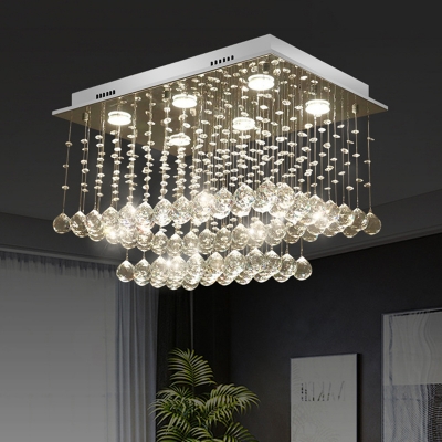 6-Light Ceiling Mounted Fixture Modern Dual Rectangle Crystal Orb Flush Light in Chrome